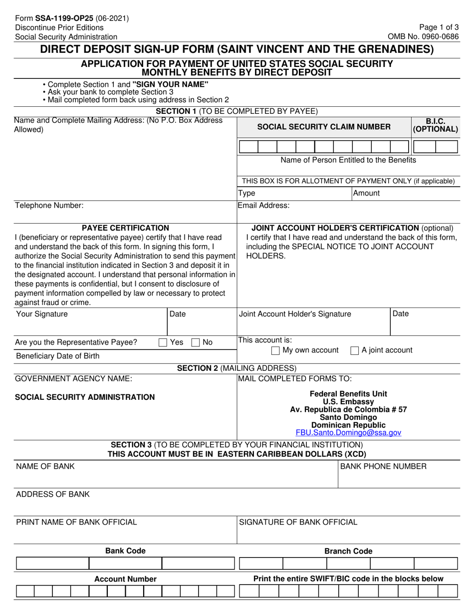 Form SSA-1199-OP25 Direct Deposit Sign-Up Form (Saint Vincent and the Grenadines), Page 1