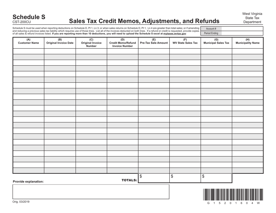 Form CST-200CU Schedule S Sales Tax Credit Memos, Adjustments, and Refunds - West Virginia, Page 1