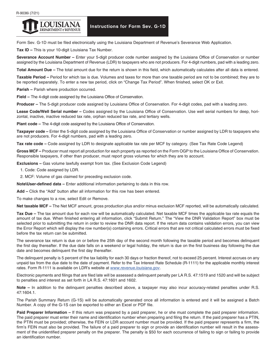 Download Instructions for Form R9036, SEV.G1D Gas Severance Tax