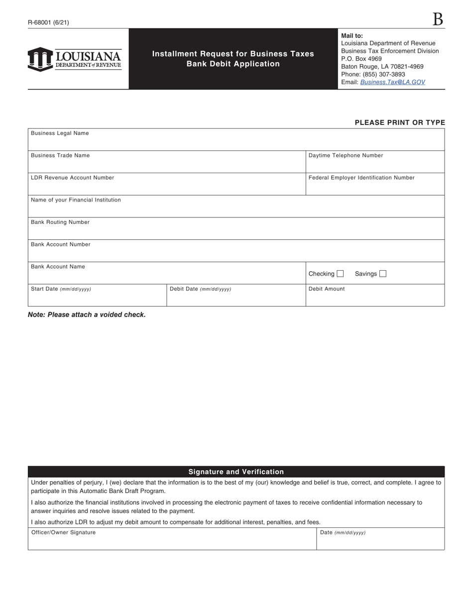 Form R-68001 Installment Request for Business Taxes Bank Debit Application - Louisiana, Page 1