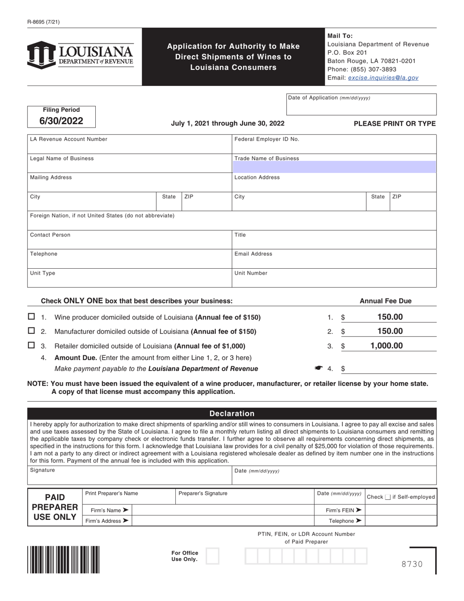 Form R-8695 Application for Authority to Make Direct Shipments of Wines to Louisiana Consumers - Louisiana, Page 1