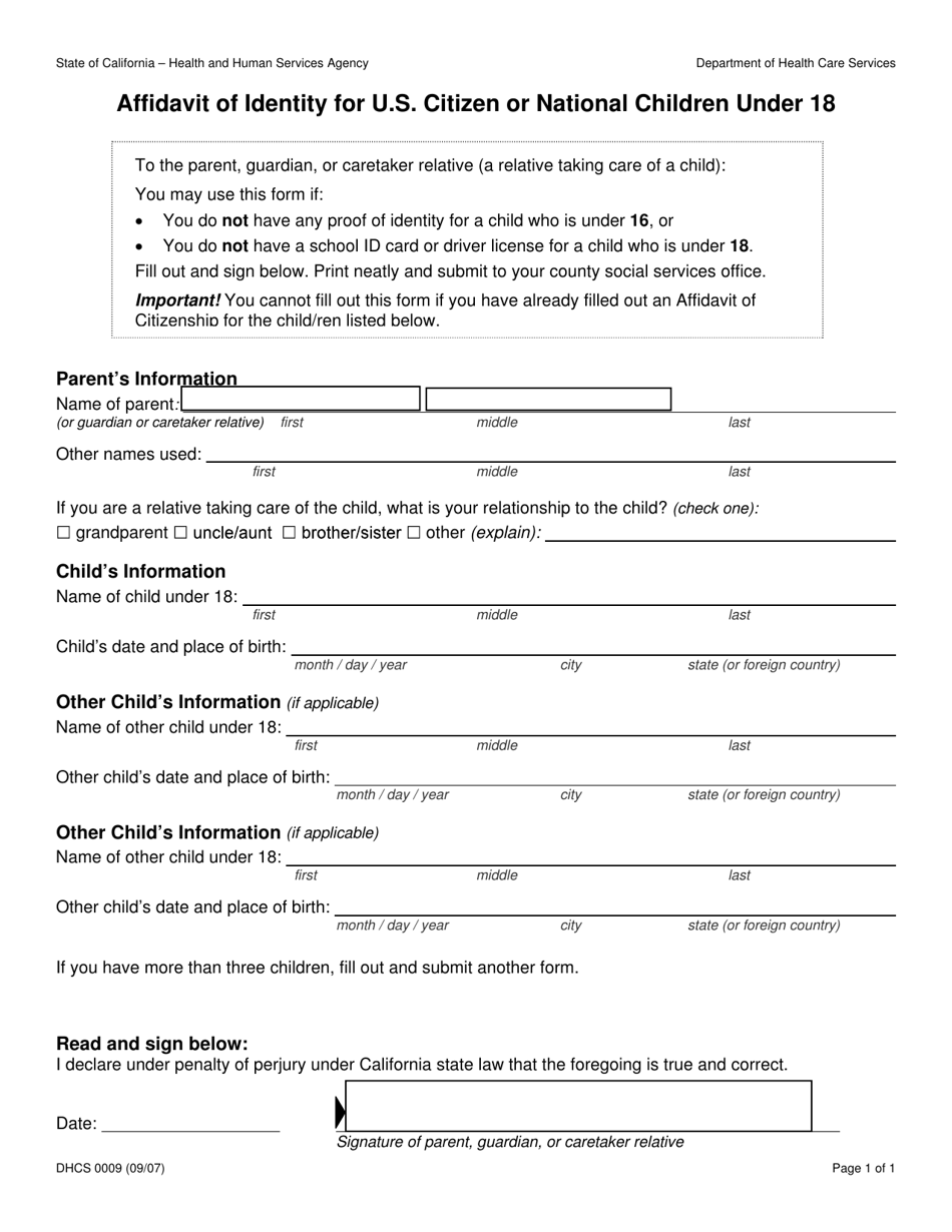 Form DHCS0009 Affidavit of Identity for U.S. Citizen or National Children Under 18 - California, Page 1