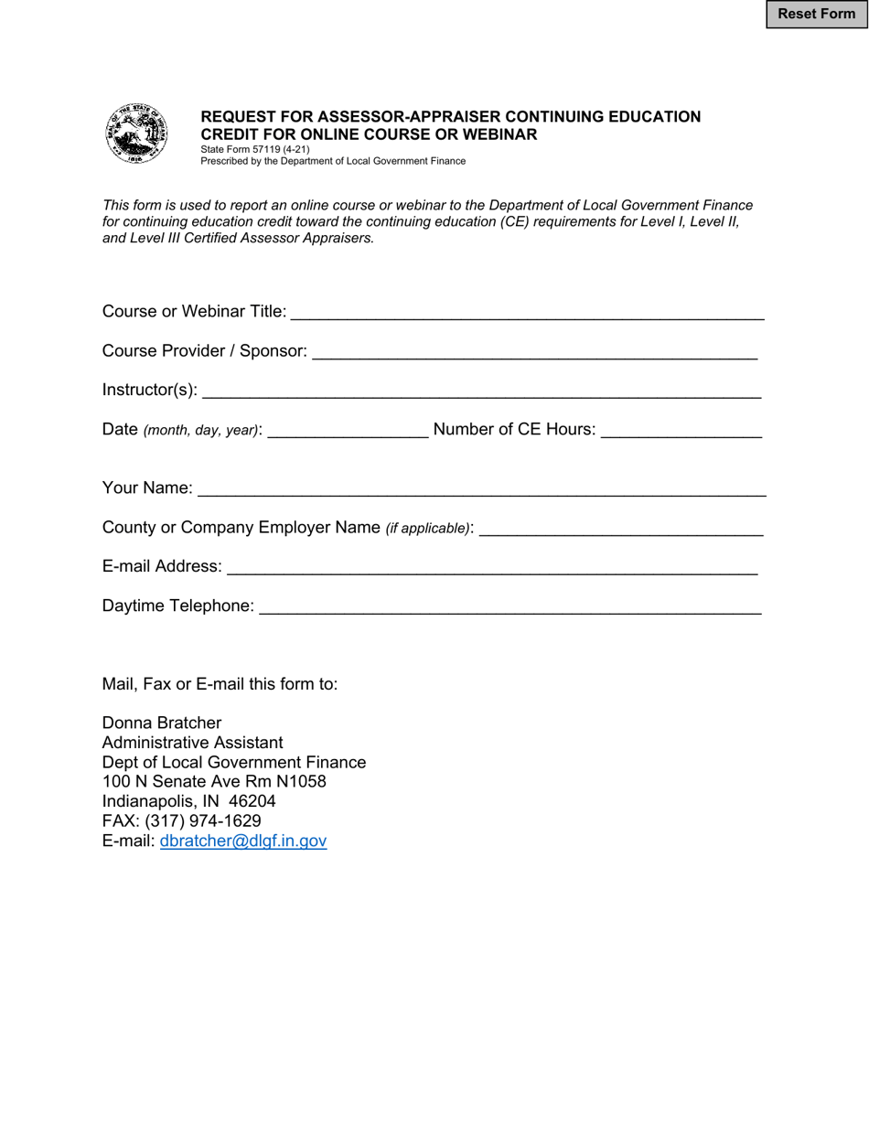 State Form 57119 Request for Assessor-Appraiser Continuing Education Credit for Online Course or Webinar - Indiana, Page 1