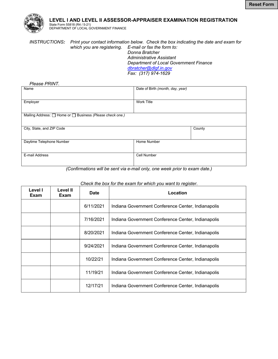 State Form 55818 Level I and Level II Assessor-Appraiser Examination Registration - Indiana, Page 1