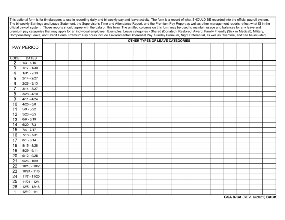 GSA Form 873A Annual Attendance Record (Part-Time Employees), Page 2