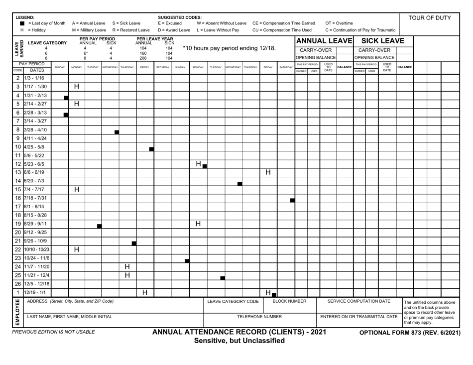Form OF873 Annual Attendance Record (Clients), Page 1
