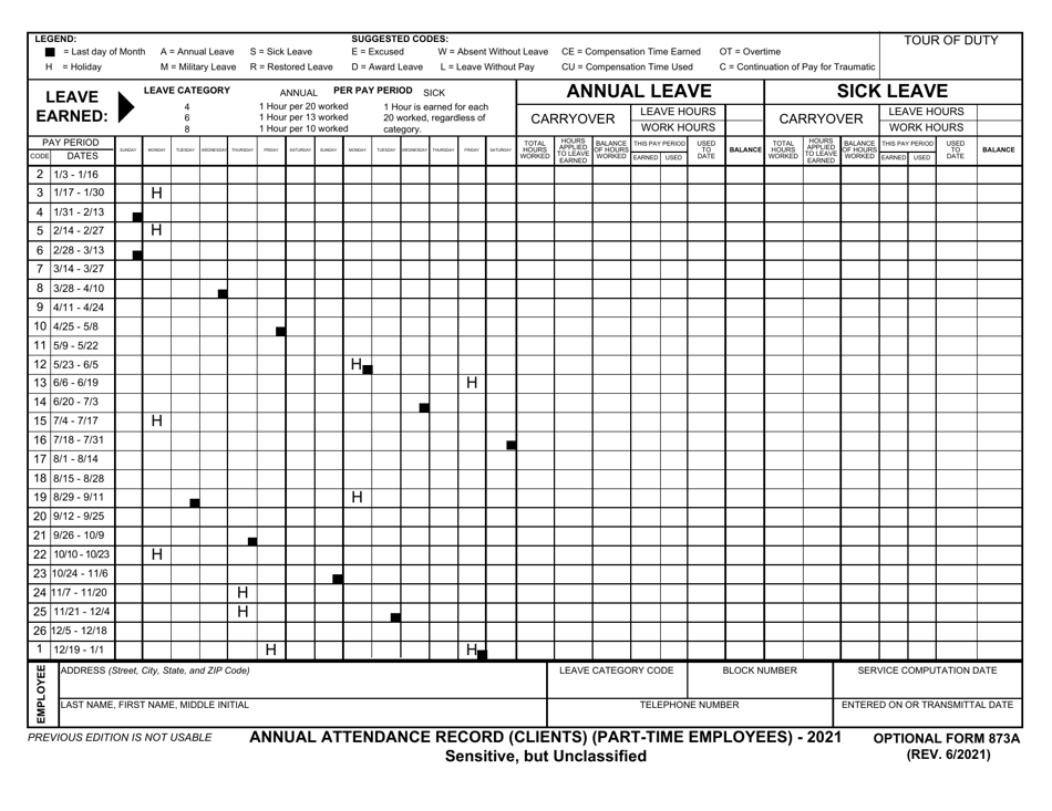 Form OF873A Annual Attendance Record (Clients) (Part-Time Employees), Page 1