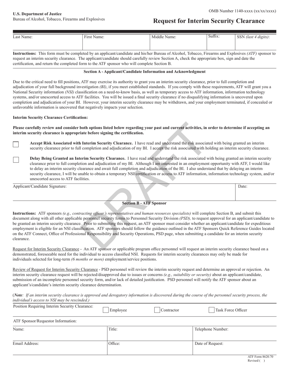 ATF Form 8620.70 Request for Interim Security Clearance - Draft, Page 1