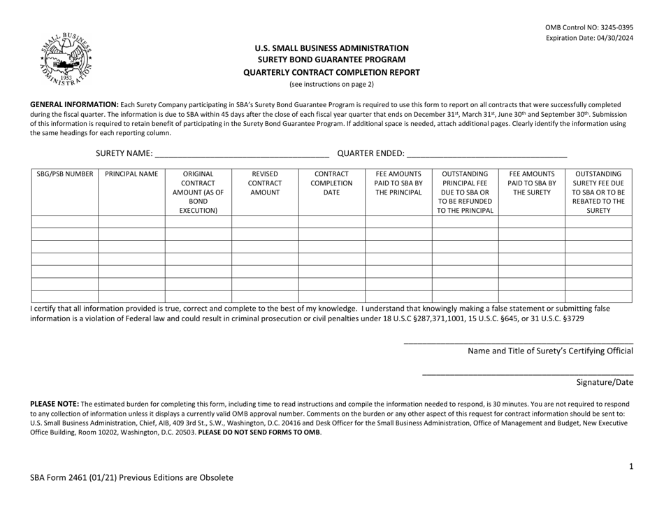 SBA Form 2461 Quarterly Contract Completion Report, Page 1