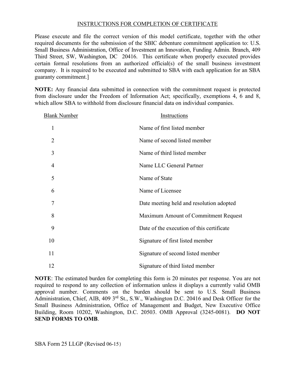 SBA Form 25 LLGP Model Limited Liability General Partner Certificate for SBA Commitment, Page 3