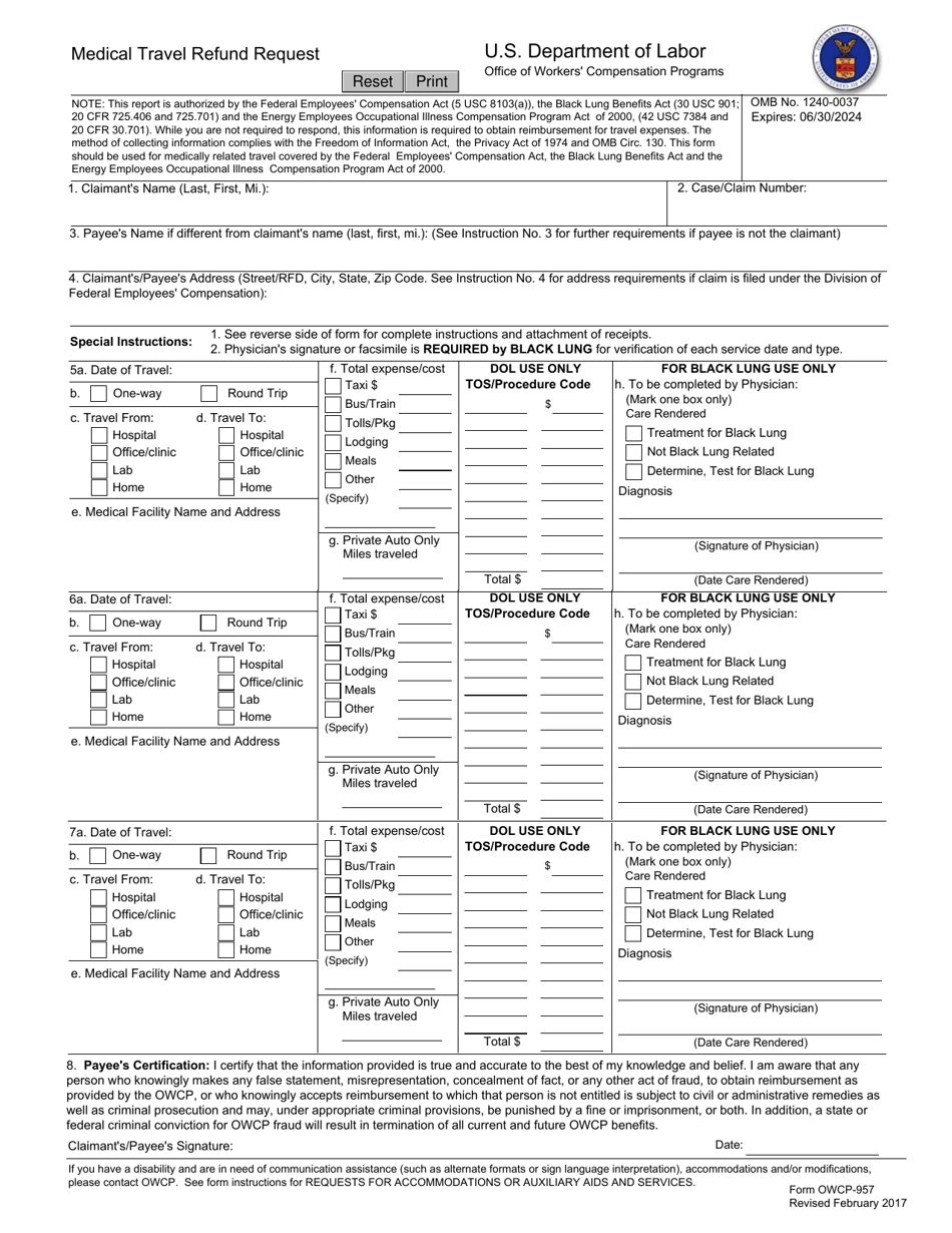 Form OWCP-957 Medical Travel Refund Request, Page 1