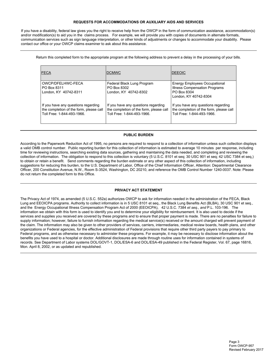 Form OWCP-957 Medical Travel Refund Request, Page 3