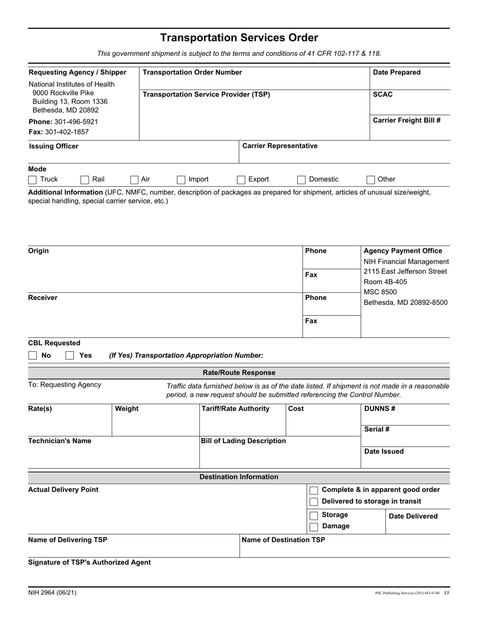 Form NIH2964 Transportation Services Order, Page 1