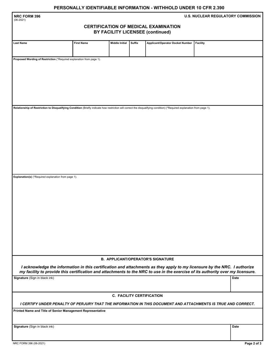 NRC Form 396 Certification of Medical Examination by Facility Licensee, Page 2