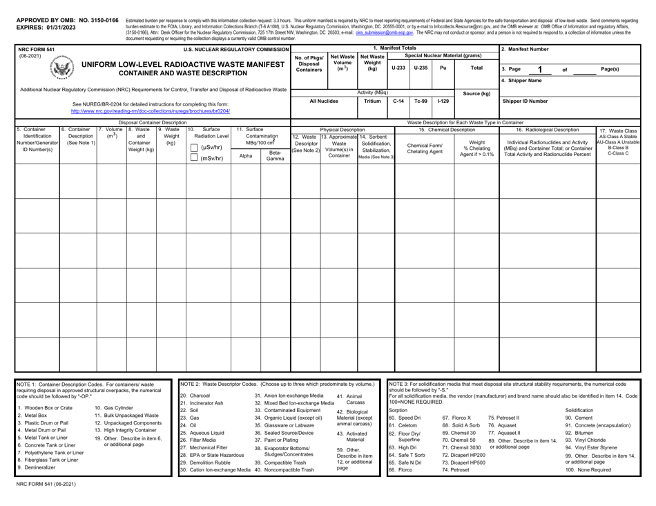 NRC Form 541 Uniform Low-Level Radioactive Waste Manifest - Container and Waste Description, Page 1