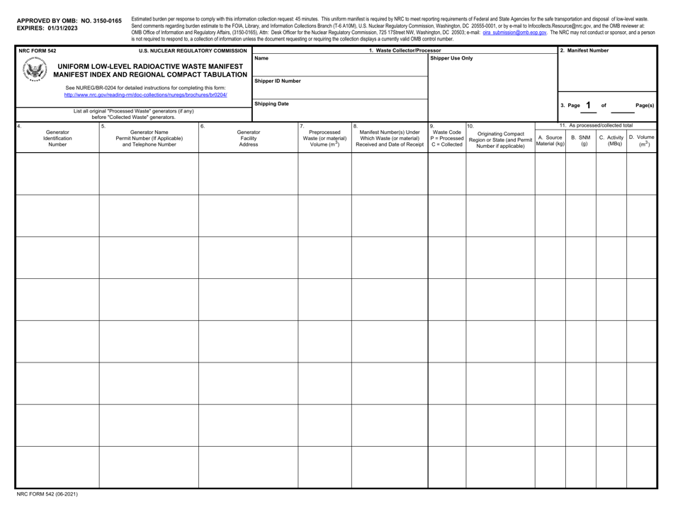 NRC Form 542 Uniform Low-Level Radioactive Waste Manifest - Manifest Index and Regional Compact Tabulation, Page 1