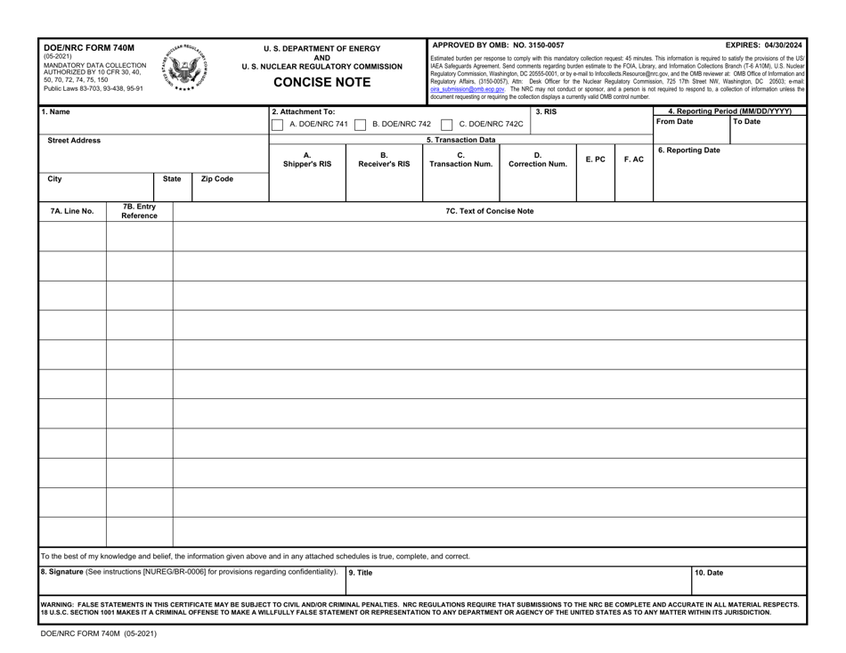 DOE / NRC Form 740M Concise Note, Page 1