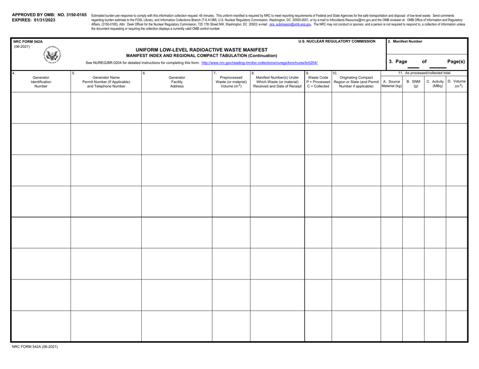 NRC Form 542A Uniform Low-Level Radioactive Waste Manifest - Manifest Index and Regional Compact Tabulation (Continuation), Page 1