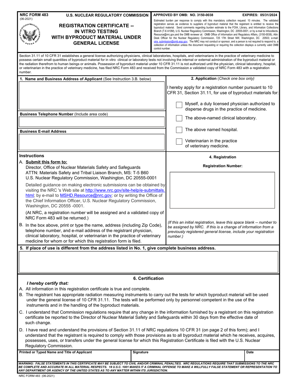NRC Form 483 Registration Certificate - in Vitro Testing With Byproduct Material Under General License, Page 1