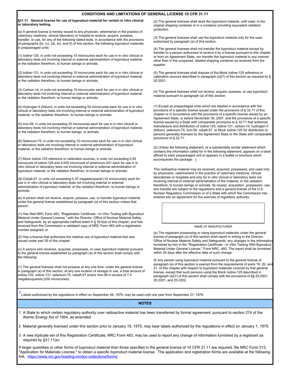 NRC Form 483 Registration Certificate - in Vitro Testing With Byproduct Material Under General License, Page 2