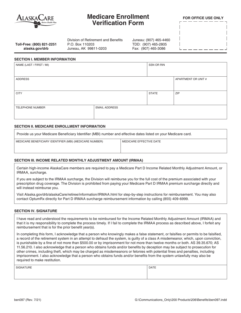 Form BEN097 Medicare Enrollment Verification Form - Alaska, Page 1