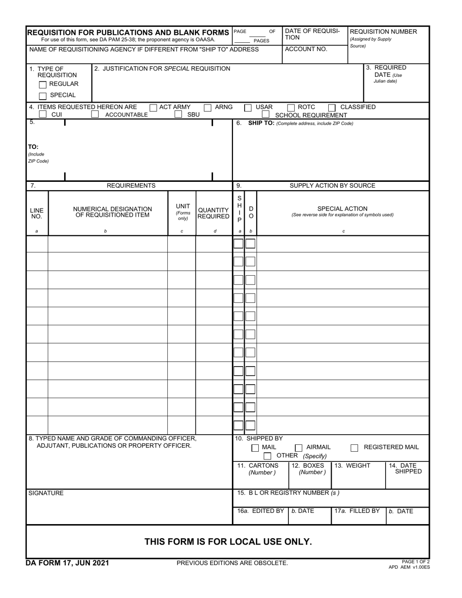 DA Form 17 Requisition for Publications and Blank Forms, Page 1