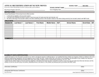 Form 05-15-031 &quot;Annual Recertification of No New Moves&quot; - Alaska, 2022
