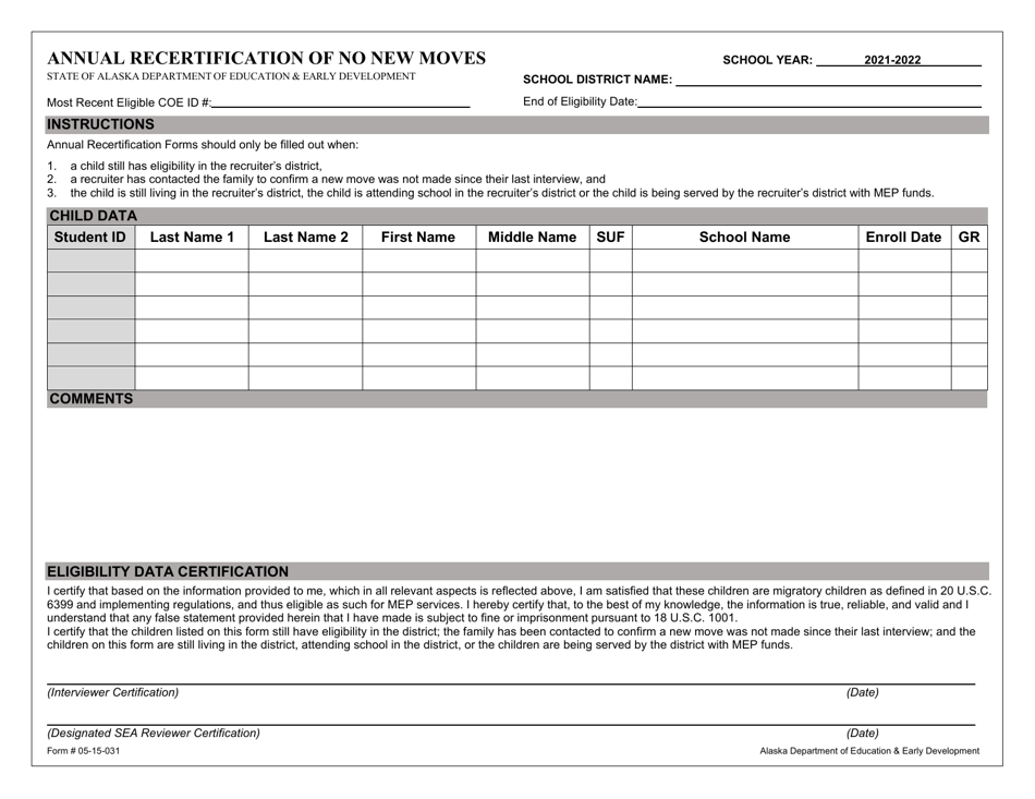 Form 05-15-031 Annual Recertification of No New Moves - Alaska, Page 1