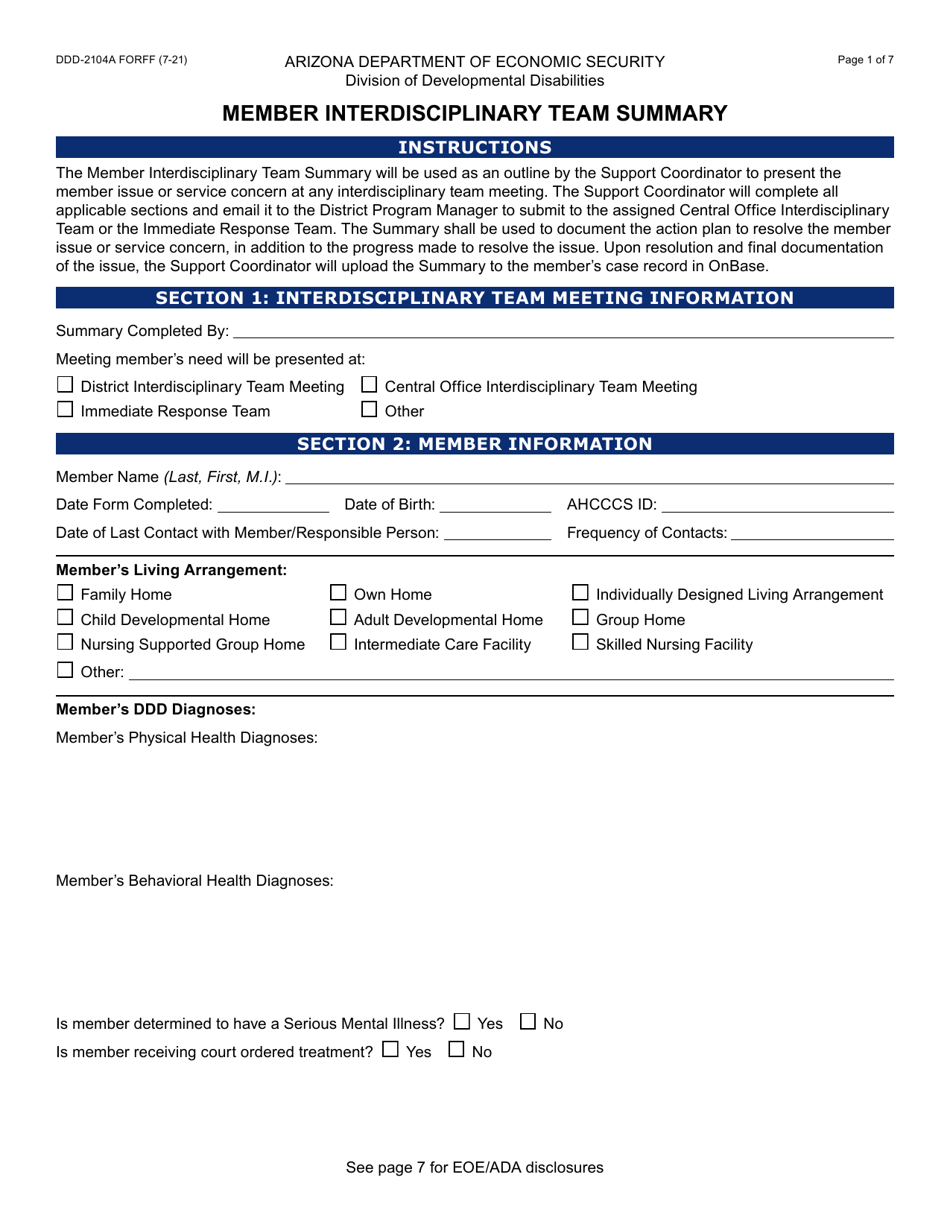 Form DDD-2104A Member Interdisciplinary Team Summary - Arizona, Page 1