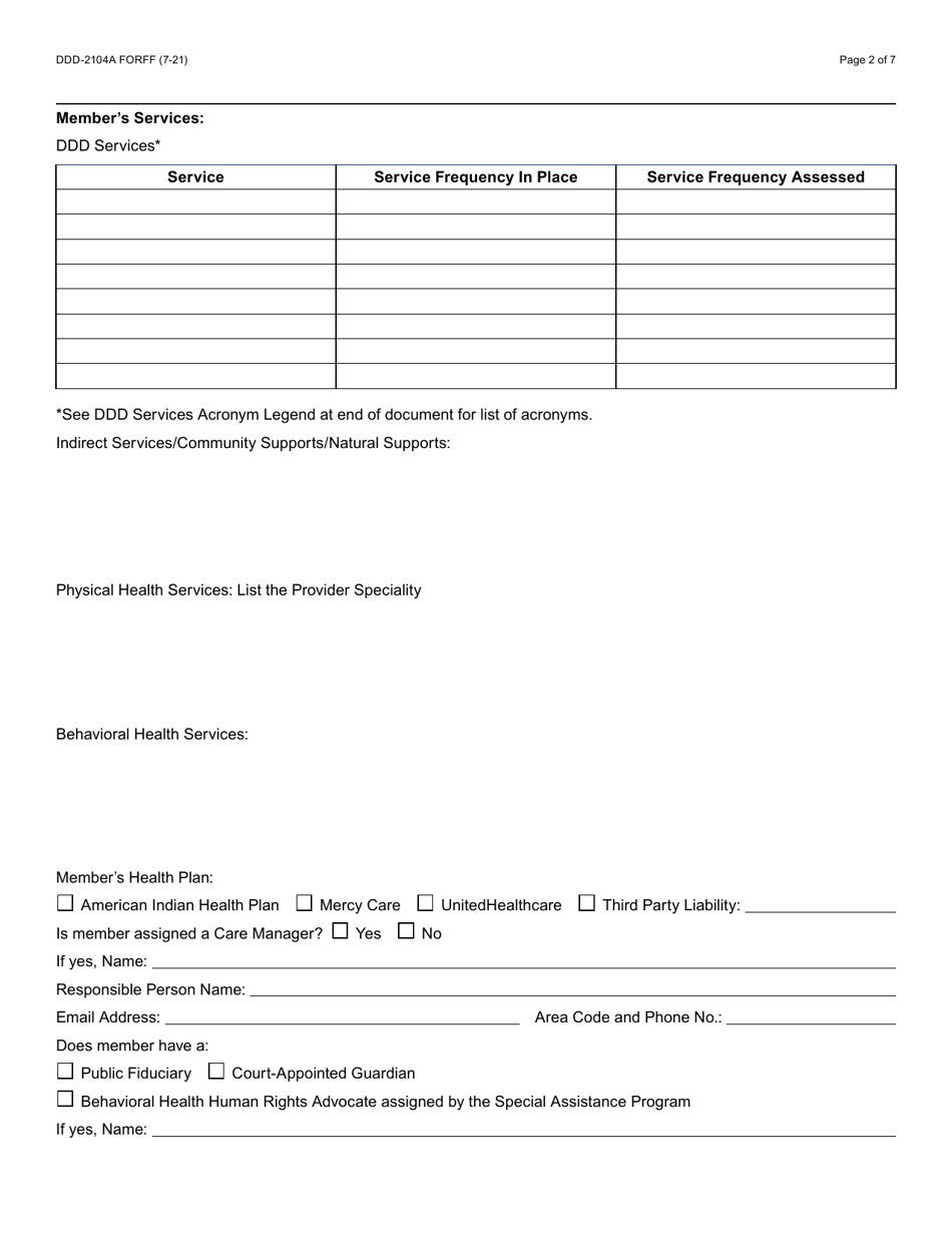 Form DDD-2104A Member Interdisciplinary Team Summary - Arizona, Page 2