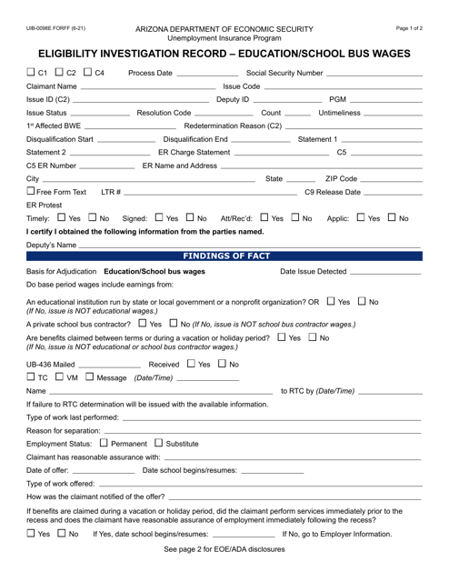 Form UIB-0098E Eligibility Investigation Record - Education/School Bus Wages - Arizona