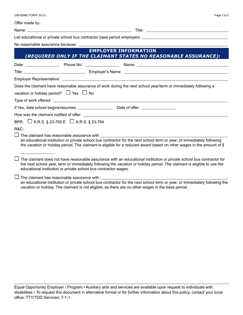 Form UIB-0098E Eligibility Investigation Record - Education / School Bus Wages - Arizona, Page 2