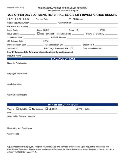 Form UIB-0098F Job Offer Development, Referral, Eligibility Investigation Record - Arizona