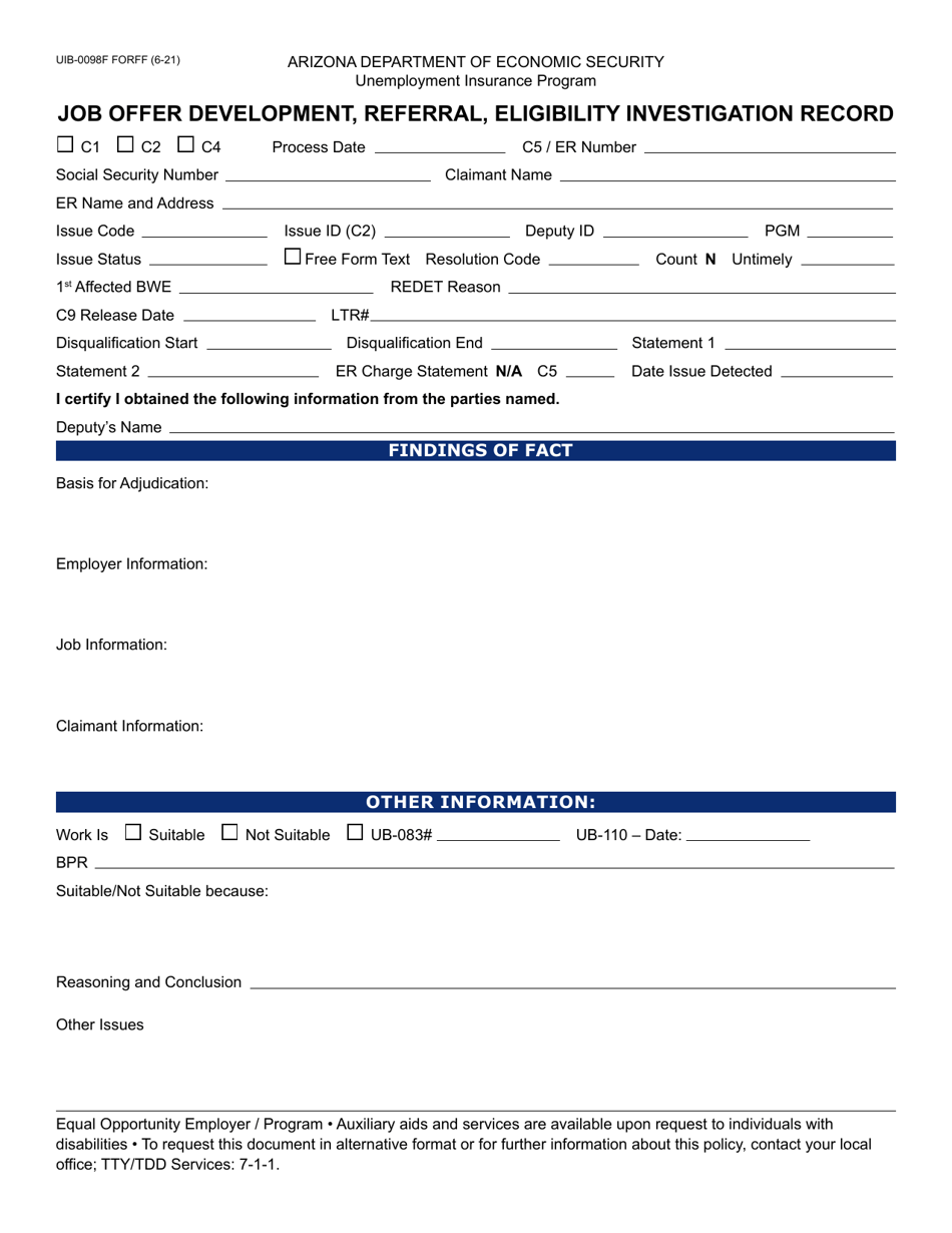 Form UIB-0098F Job Offer Development, Referral, Eligibility Investigation Record - Arizona, Page 1