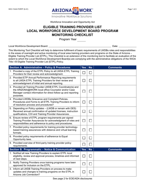 Form WIO-1144A Eligible Training Provider List - Arizona