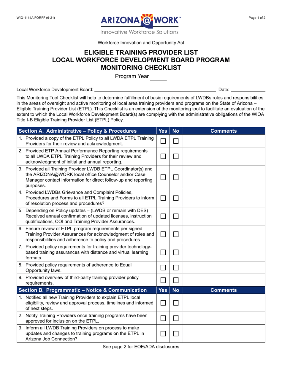 Form WIO-1144A Eligible Training Provider List - Arizona, Page 1