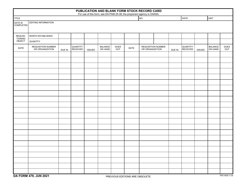 DA Form 479 Publication and Blank Form Stock Record Card