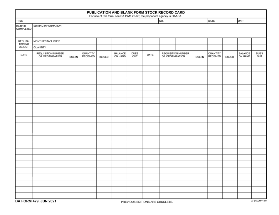 DA Form 479 Publication and Blank Form Stock Record Card, Page 1