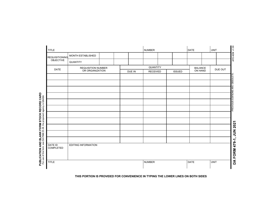 DA Form 479-1 Publication and Blank Form Stock Record Card, Page 1