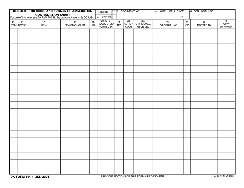 DA Form 581-1 Request for Issue and Turn-In of Ammunition Continuation Sheet