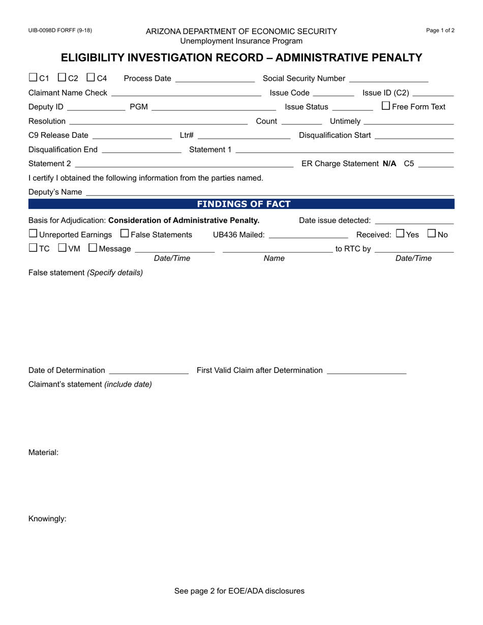 Form UIB-0098D Eligibility Investigation Record - Administrative Penalty - Arizona, Page 1