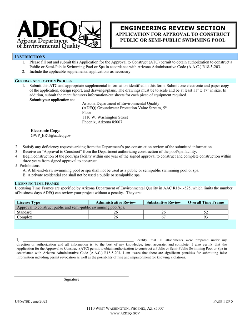 Engineering Review Section Application for Approval to Construct Public or Semi-public Swimming Pool - Arizona, Page 1