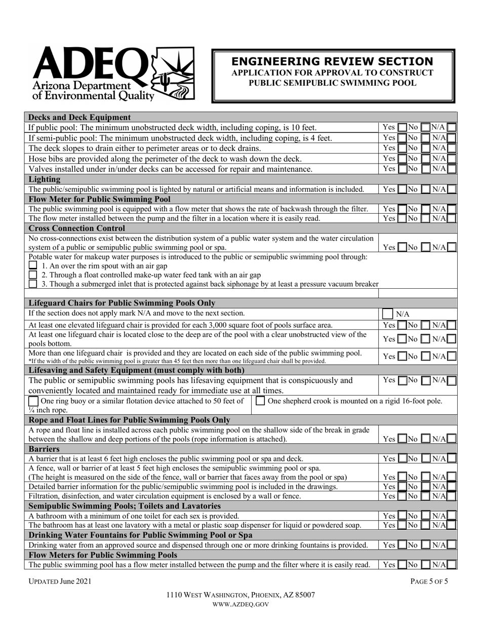 Engineering Review Section Application for Approval to Construct Public or Semi-public Swimming Pool - Arizona, Page 5