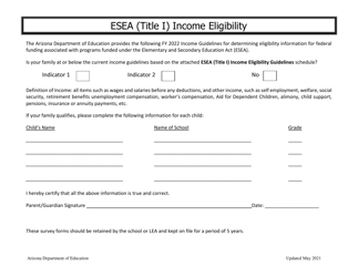 &quot;Esea (Title I) Income Eligibility&quot; - Arizona, 2022