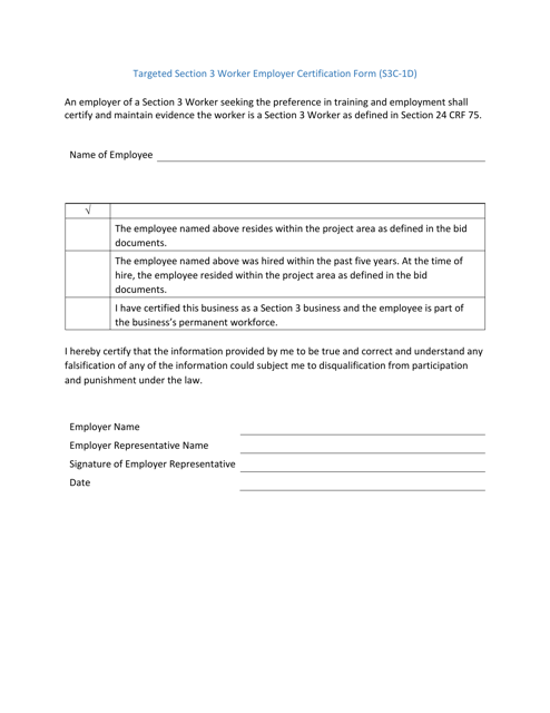 Form S3C-1D Targeted Section 3 Worker Employer Certification Form - Arizona
