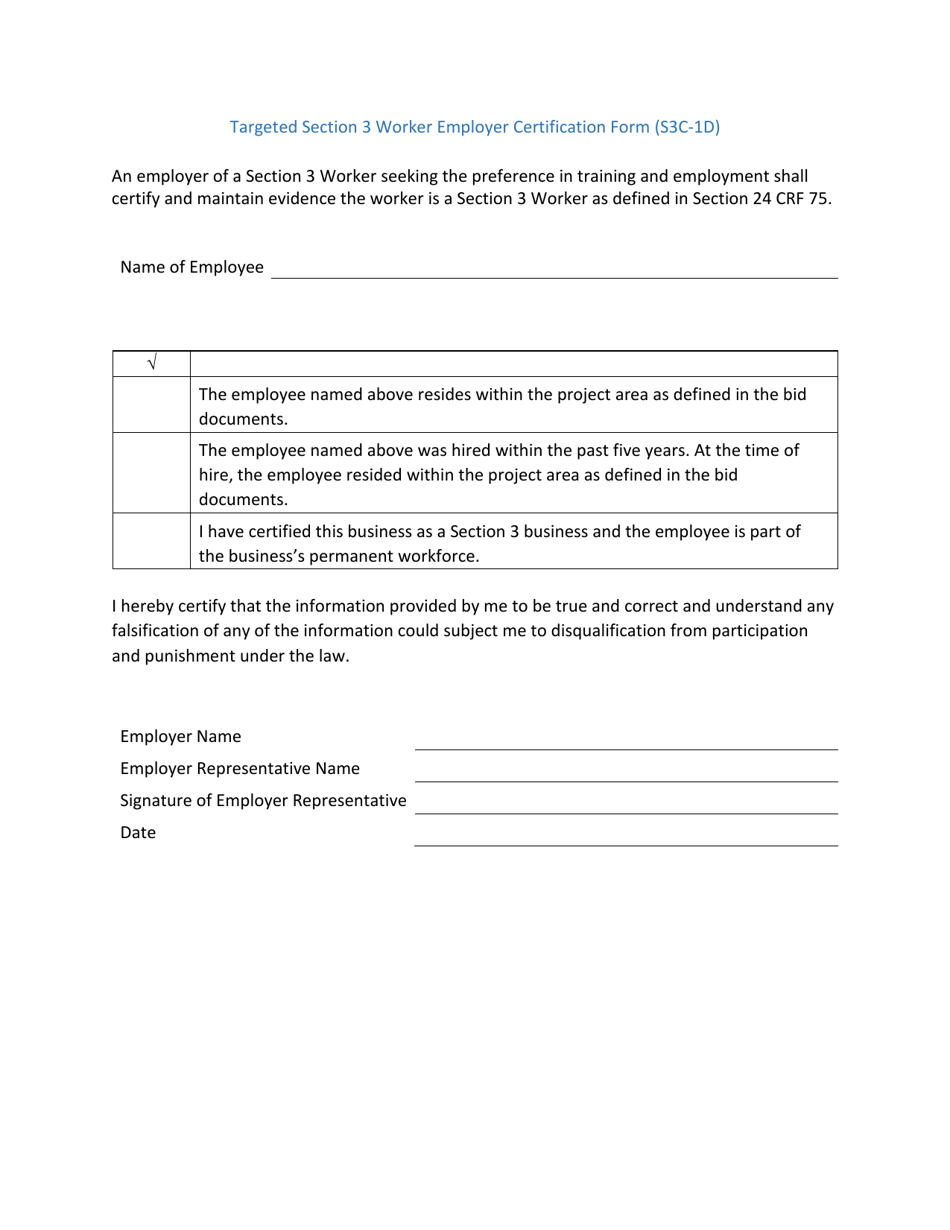 Form S3C-1D Targeted Section 3 Worker Employer Certification Form - Arizona, Page 1
