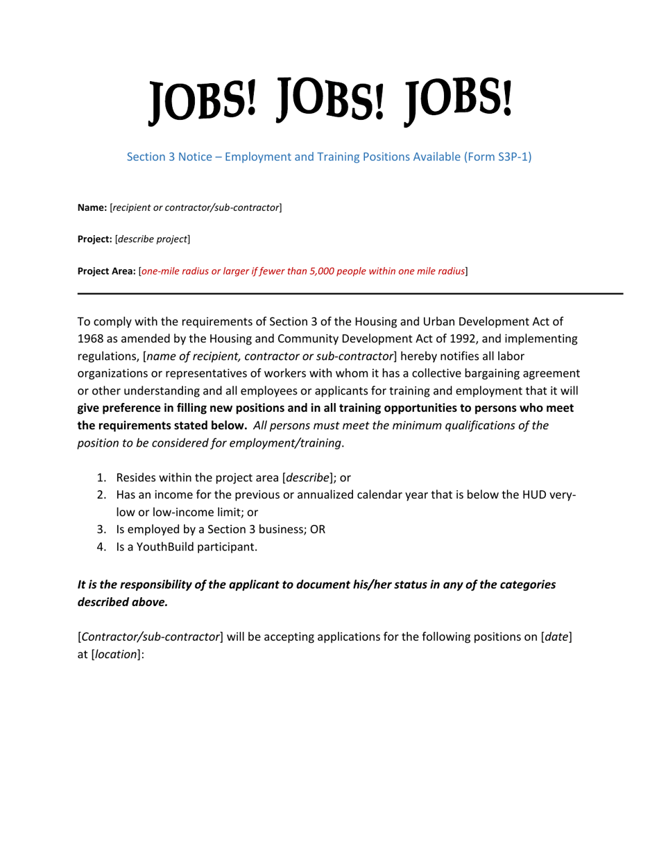 Form S3P-1 Section 3 Notice - Employment and Training Positions Available - Arizona, Page 1