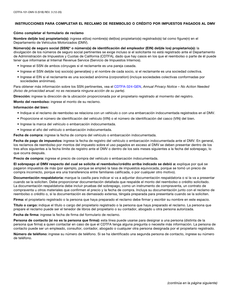Formulario CDTFA-101-DMV-S Reclamo De Reembolso O Credito Por Impuestos Pagados Al Dmv - California (Spanish), Page 3