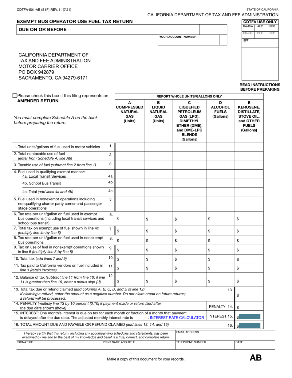 Form CDTFA-501-AB Exempt Bus Operator Use Fuel Tax Return - California, Page 1