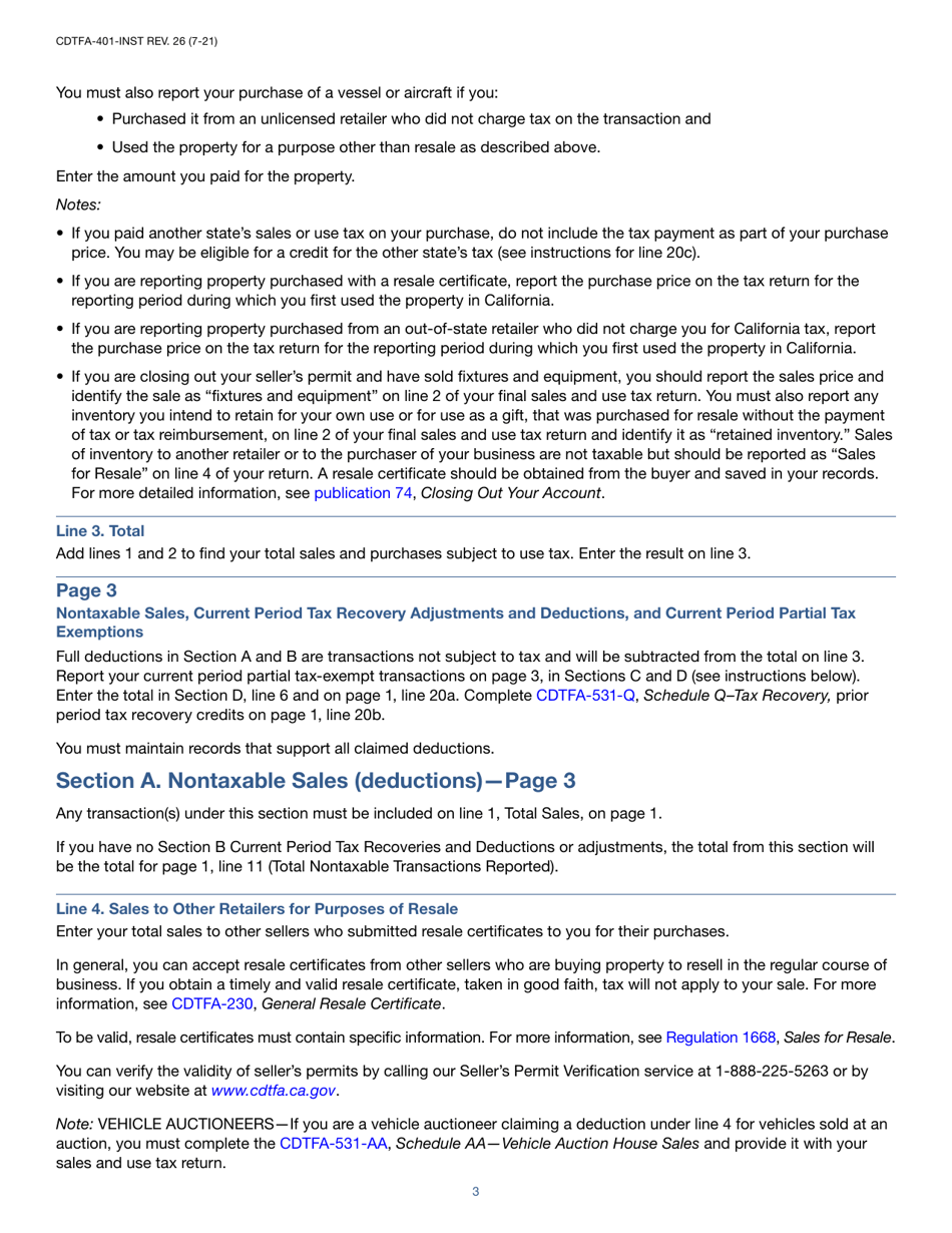 Instructions for Form CDTFA-401-A State, Local, and District Sales and Use Tax Return - California, Page 3